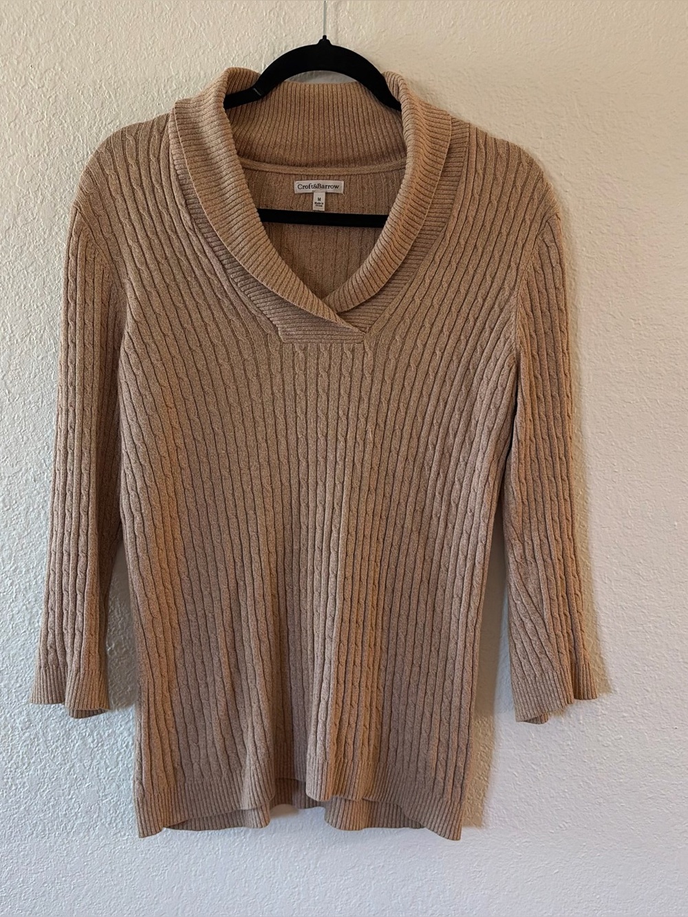 Croft & Barrow Women's tan Cable-Knit Shawl Collar Sweater top size M minimalist